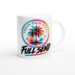 White mug featuring colorful palm tree graphic with Urban Palm Trees text and Full Send slogan.