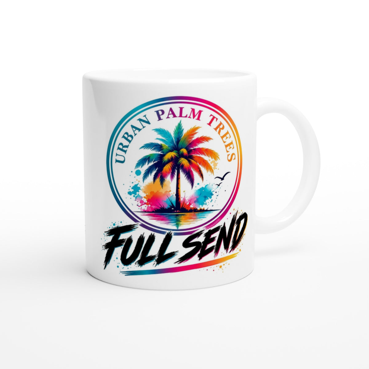 White mug featuring colorful palm tree graphic with Urban Palm Trees text and Full Send slogan.