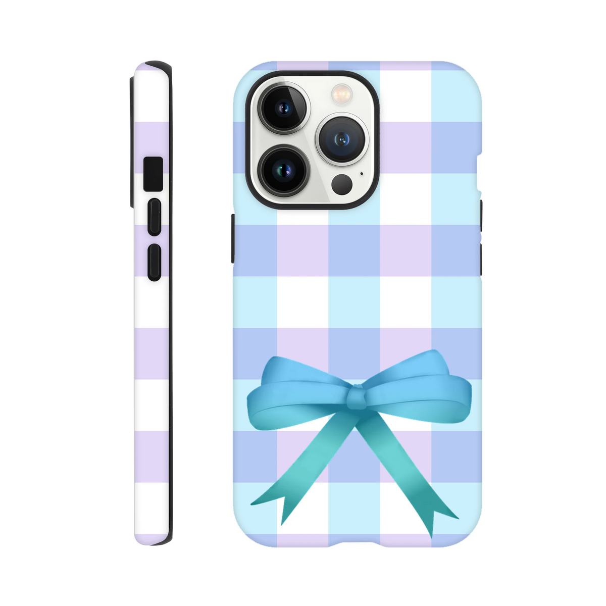 Blue gingham and lavender check iPhone case featuring a 3D teal bow. Cute coquette tough phone cover for streetwear style.