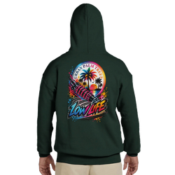 Dark green Low Life hoodie back featuring a shock absorber graphic with Urban Palm Trees sunset and tire track text.