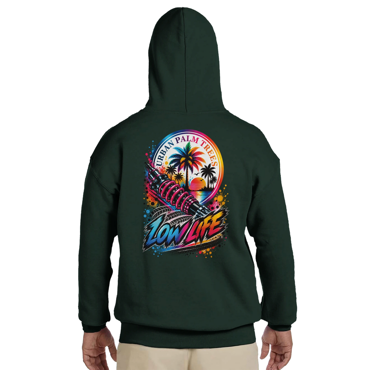 Dark green Low Life hoodie back featuring a shock absorber graphic with Urban Palm Trees sunset and tire track text.