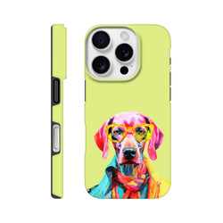 Vibrant pop art dog wearing glasses and jacket on a lime green tough iPhone case. Colorful pet phone cover for daily protection.