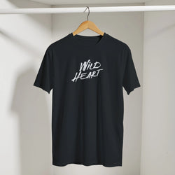 Black Wild Heart T-Shirt on a wooden hanger with white script text WILD HEART.