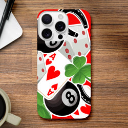 Tough iPhone case featuring street-ready lucky charm graphics with an ace of hearts, four-leaf clover, and black 8-ball design on red background.