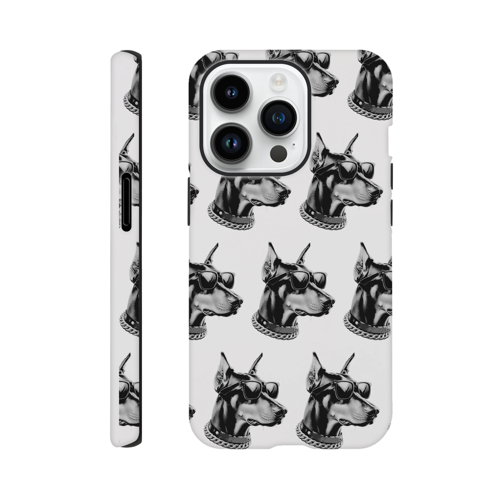 Gangster dog wraparound phone case for iPhone 16/15/14/13 with print on back and sides; glossy dual-layer protection.