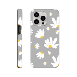 Grey tough iPhone case featuring a white daisy floral pattern with yellow centers on a utilitarian grey background.