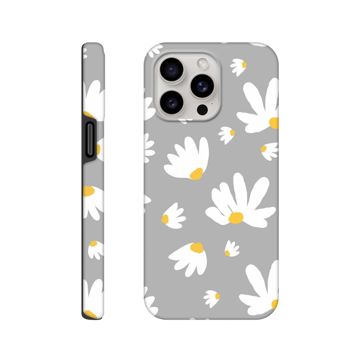 Grey tough iPhone case featuring a white daisy floral pattern with yellow centers on a utilitarian grey background.