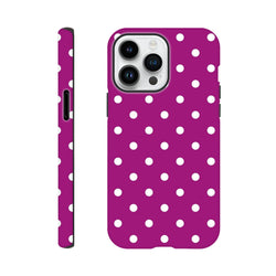 Purple and white polka dot tough iPhone case featuring shock-absorbing TPU protection and a cute, playful design for secure fit.