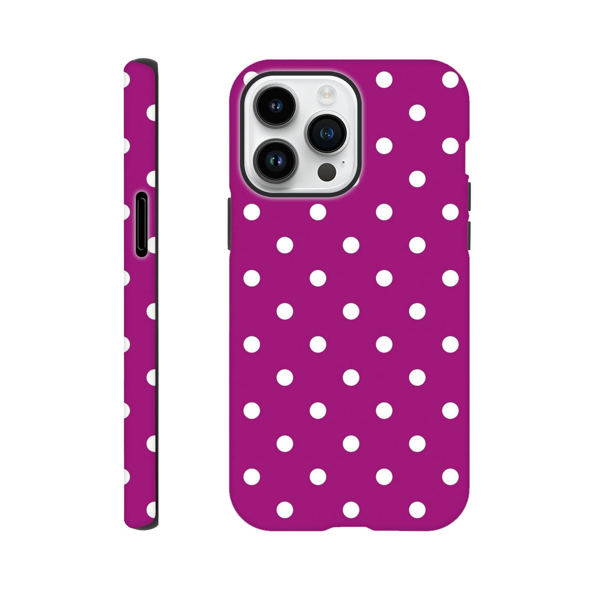 Purple and white polka dot tough iPhone case featuring shock-absorbing TPU protection and a cute, playful design for secure fit.