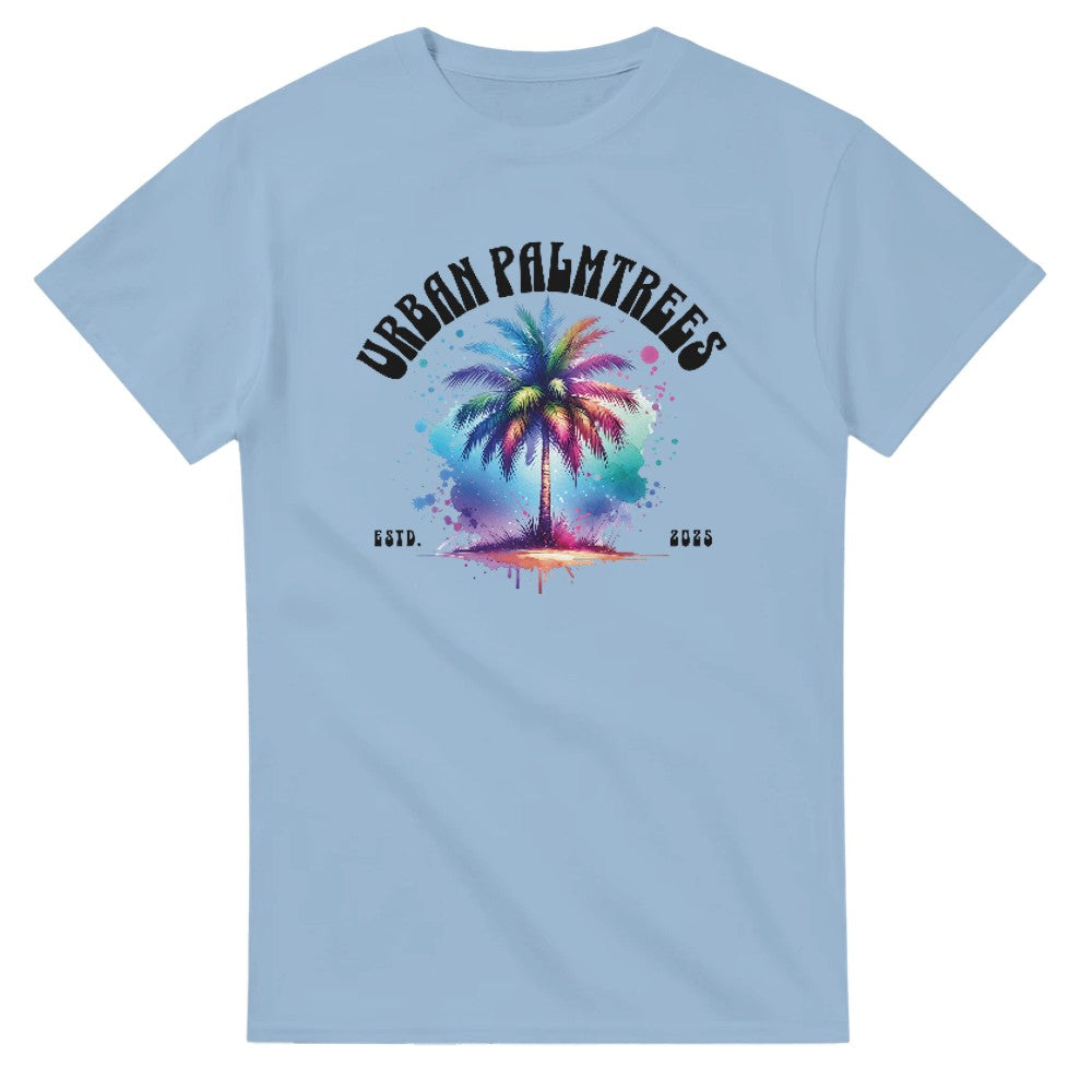 Urban Palm Trees T-Shirt with watercolor palm graphic on light blue soft cotton blend tee.