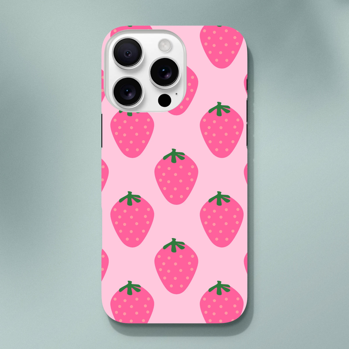 Pink iPhone case featuring a cute strawberry pattern with vibrant fruit graphics and tough protection for reliable defense.