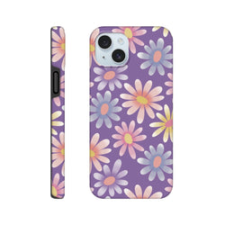 Purple iPhone case featuring a pastel retro daisy floral pattern with shock-absorbing TPU protection for models 13-16.