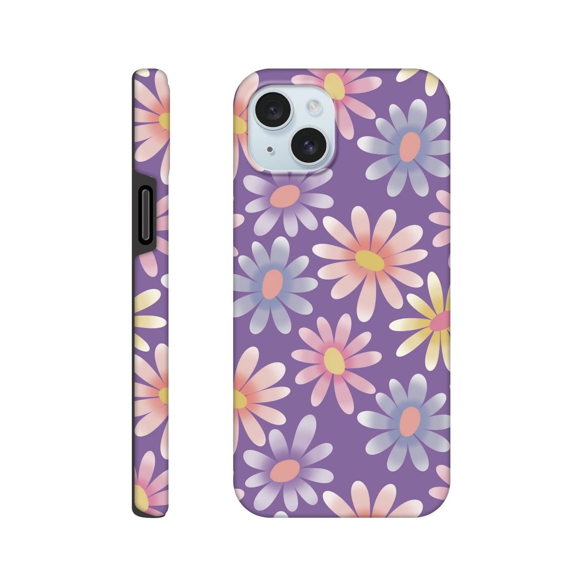 Purple iPhone case featuring a pastel retro daisy floral pattern with shock-absorbing TPU protection for models 13-16.