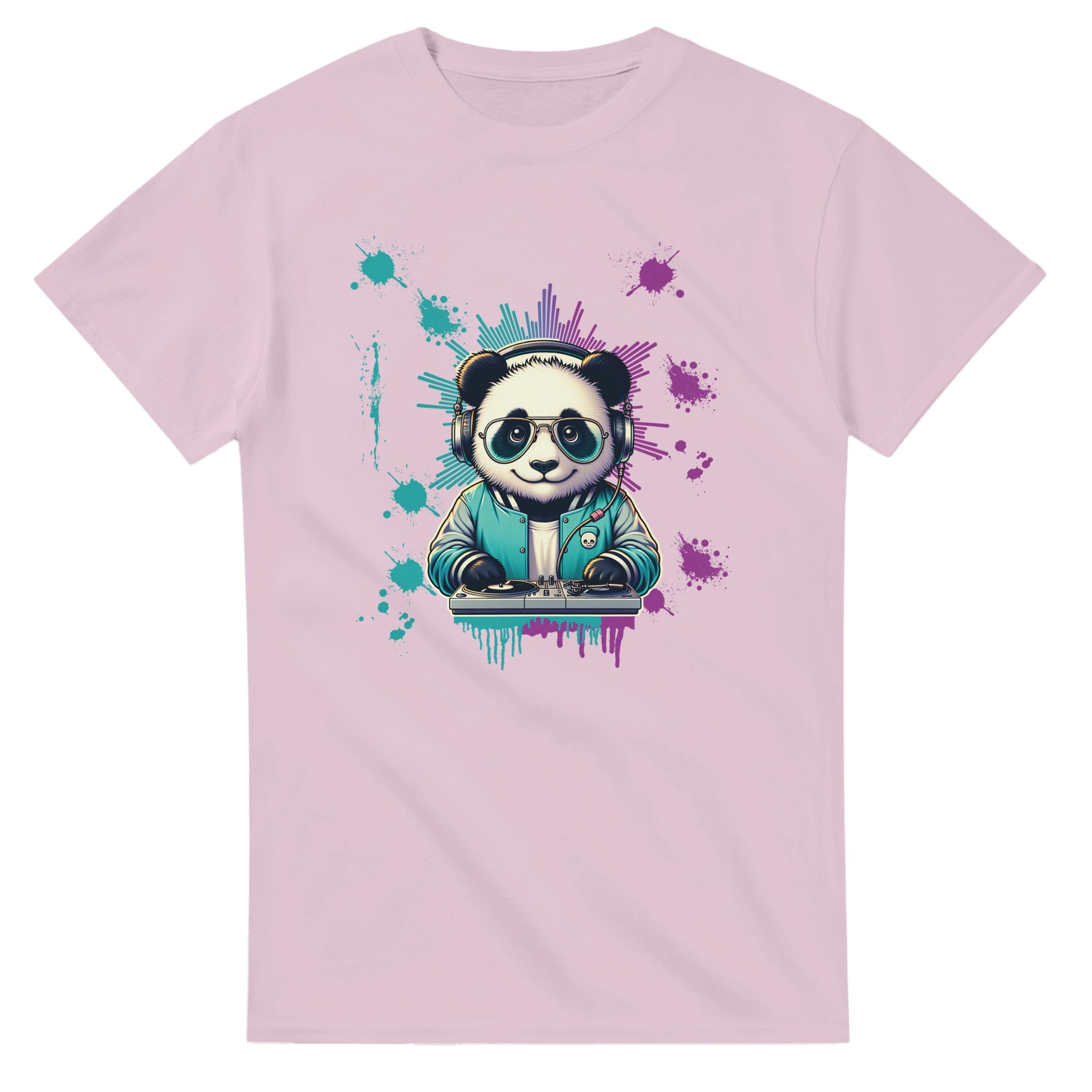 Pink Panda DJ graphic T-shirt with a panda wearing headphones at a DJ turntable amid colorful splashes.