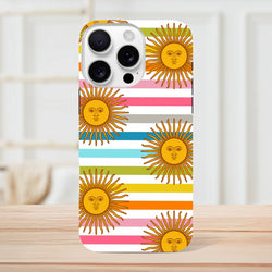 Retro iPhone case featuring celestial sun faces with rainbow stripes and tough protective design for daily transit use.