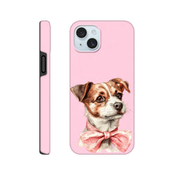 Pink tough iPhone case featuring a cute dog wearing a pink bow tie, offering shock-absorbent protection with a snug fit for daily city use.