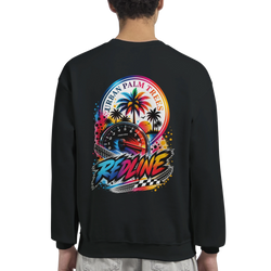 Black petrolhead sweatshirt featuring a colorful back graphic with a tachometer, palm trees, and stylized redline text.