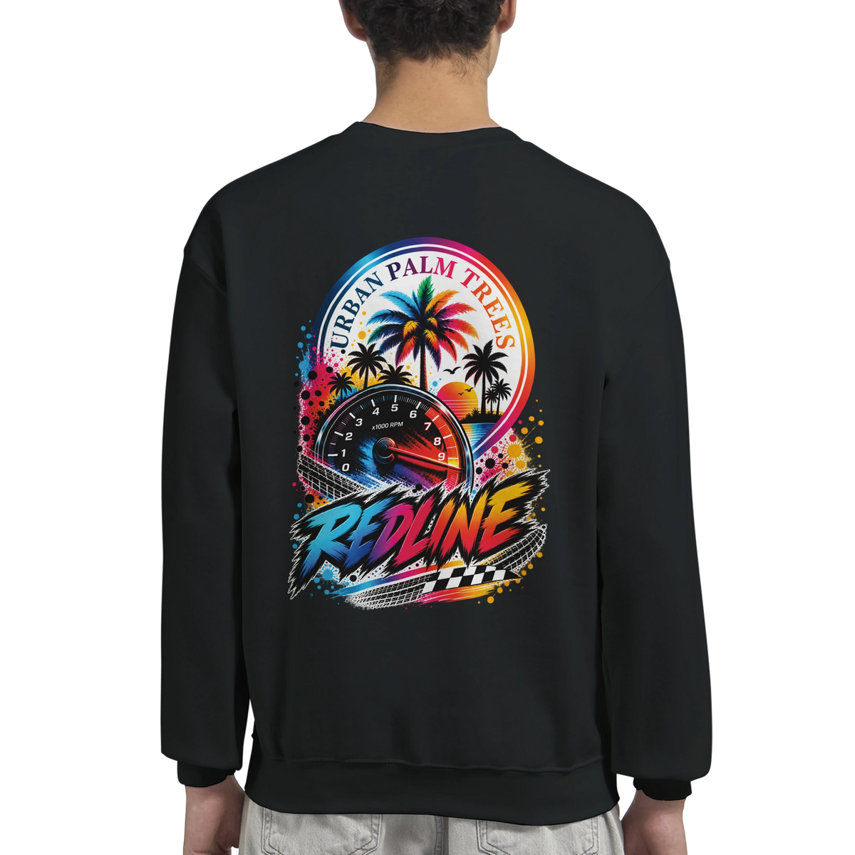 Black petrolhead sweatshirt featuring a colorful back graphic with a tachometer, palm trees, and stylized redline text.
