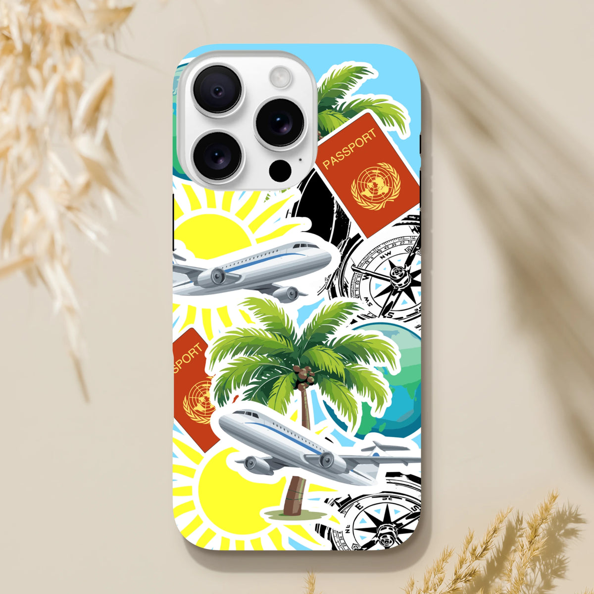 Travel sticker iPhone case featuring palm trees, airplanes, passports, and compasses for bold island vibes.