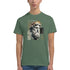 Man wearing green Gothic Gods graphic T-shirt with crowned statue print on a soft cotton blend tee.