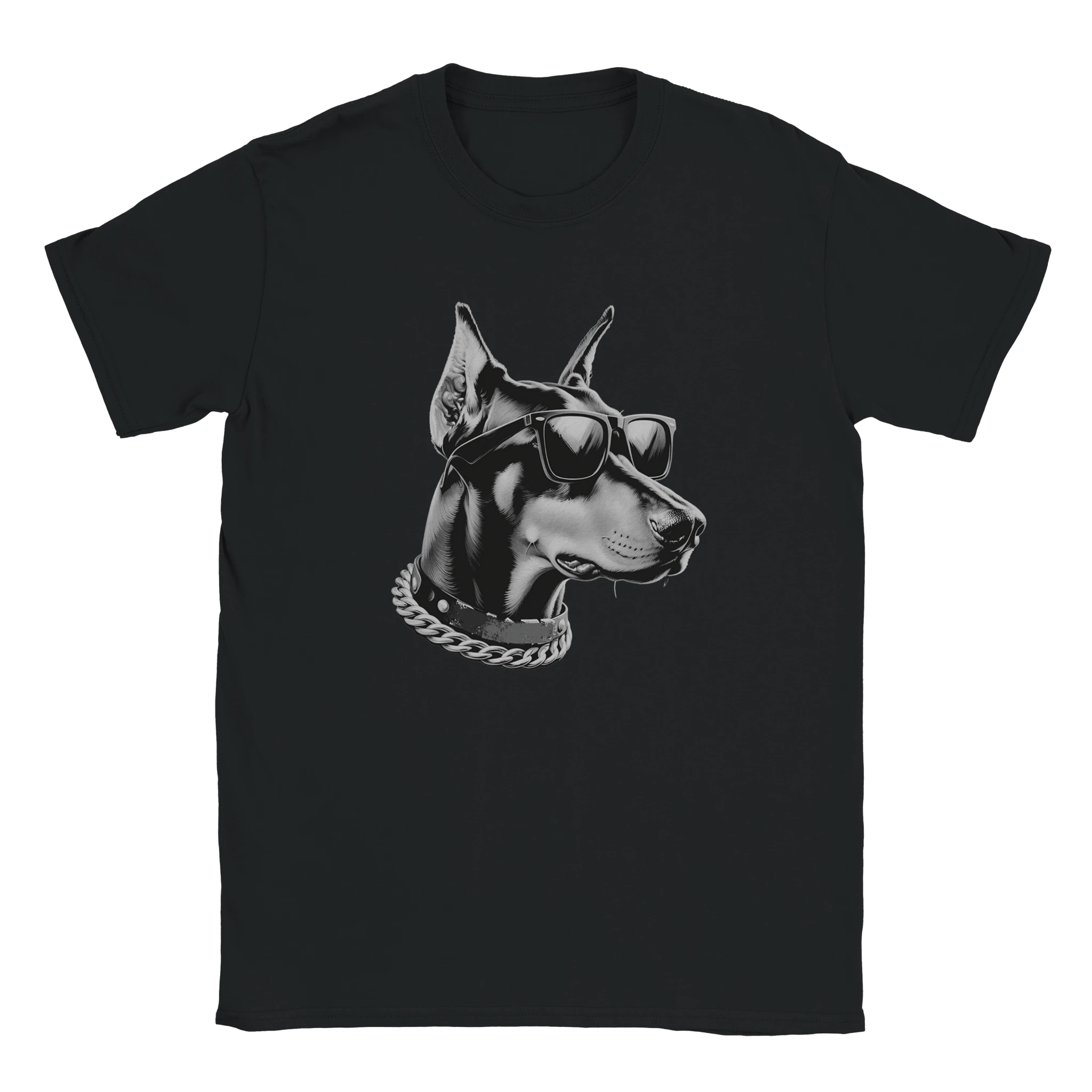 Black T-shirt featuring a gangster dog graphic wearing sunglasses and a chain.
