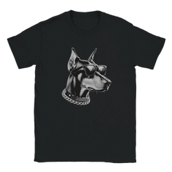 Black T-shirt featuring a gangster dog graphic wearing sunglasses and a chain.