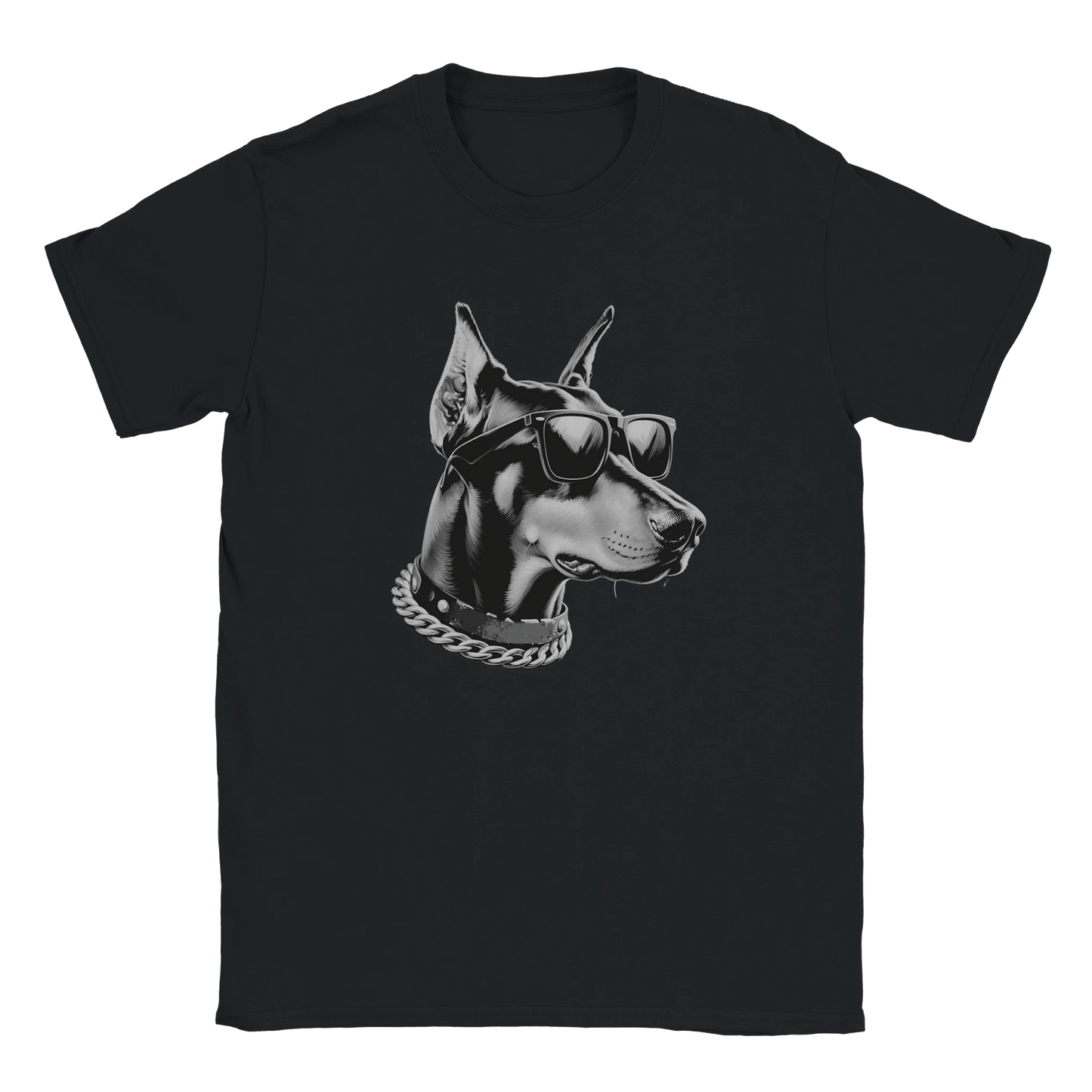 Black T-shirt featuring a gangster dog graphic wearing sunglasses and a chain.