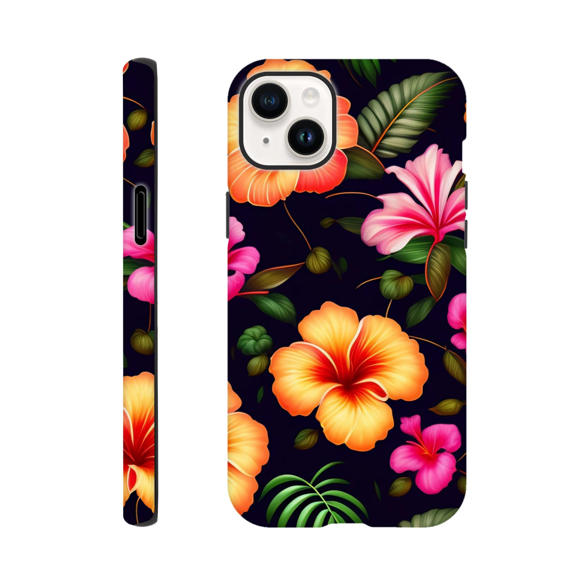 Tropical floral tough iPhone case featuring vibrant orange and pink hibiscus flowers with green leaves on a dark background. Shock-absorbing phone cover.