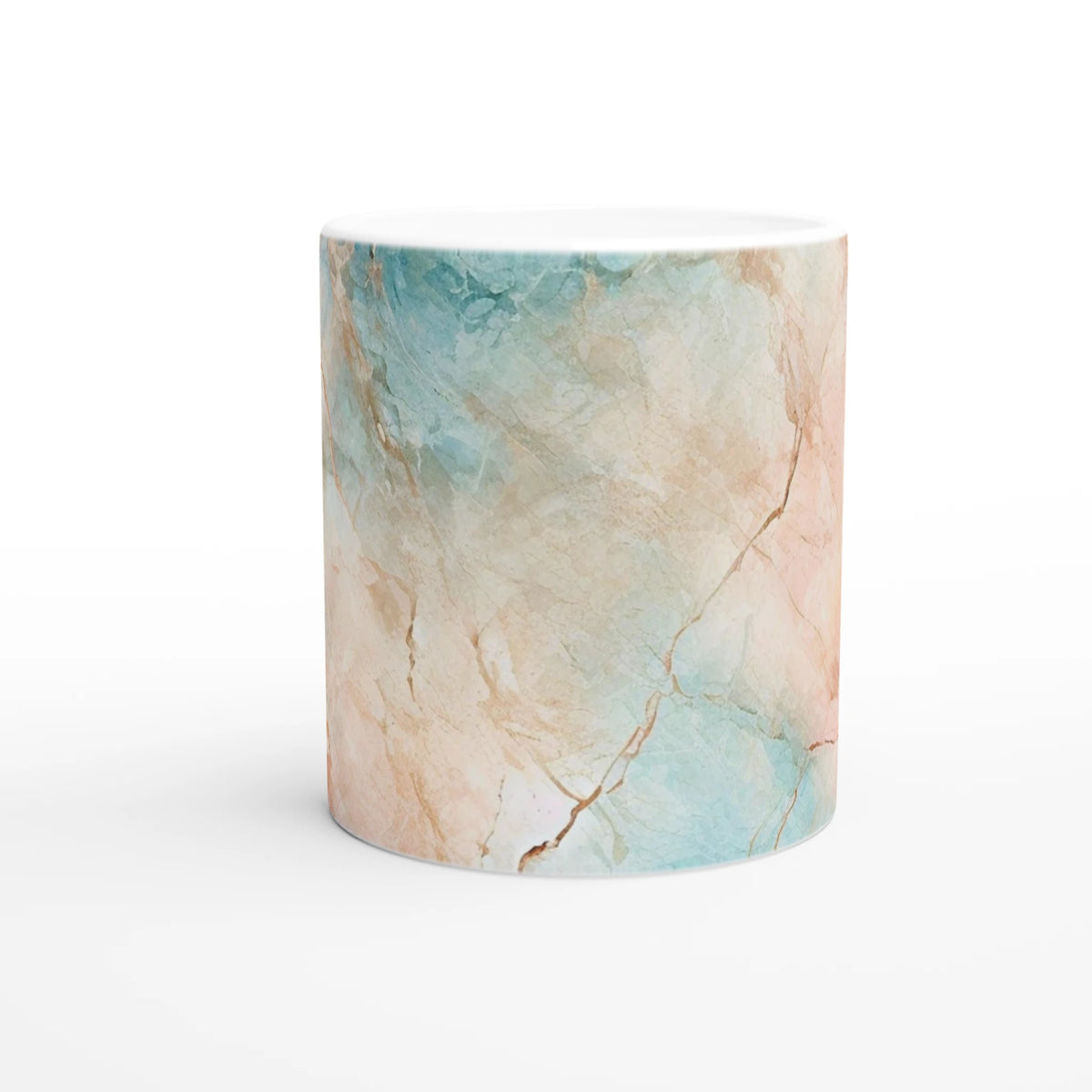 Pastel marble mug with peach and aqua abstract ceramic pattern and white interior.