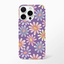Purple retro floral iPhone case featuring pastel daisies with orange and yellow centers on a violet background.