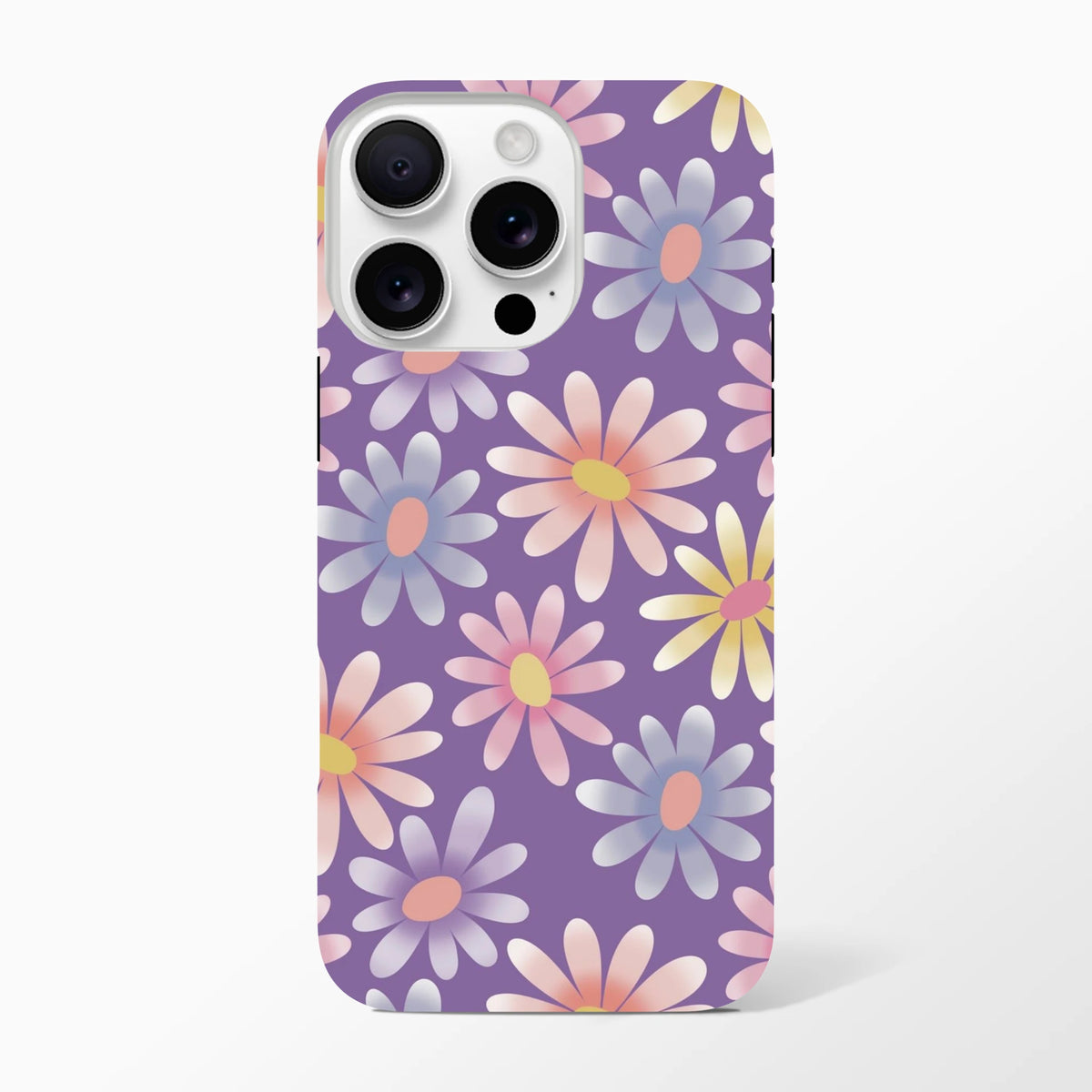 Purple retro floral iPhone case featuring pastel daisies with orange and yellow centers on a violet background.