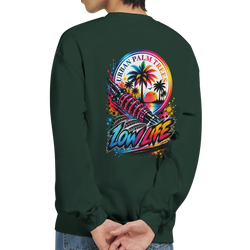 Dark green Low Life car sweatshirt featuring a colorful back graphic of a shock absorber, palm trees, and Urban Palm Trees sunset text.