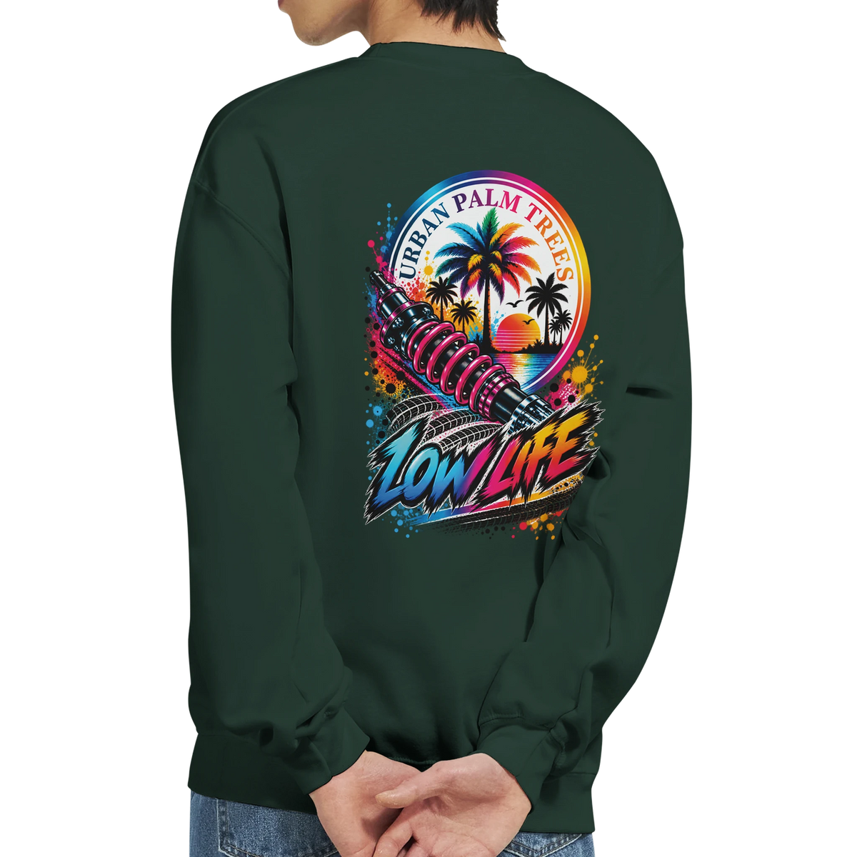 Dark green Low Life car sweatshirt featuring a colorful back graphic of a shock absorber, palm trees, and Urban Palm Trees sunset text.