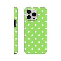 Green and white polka dot tough iPhone case with dual-layer shock absorbent protection and glossy finish for iPhone 13-16.