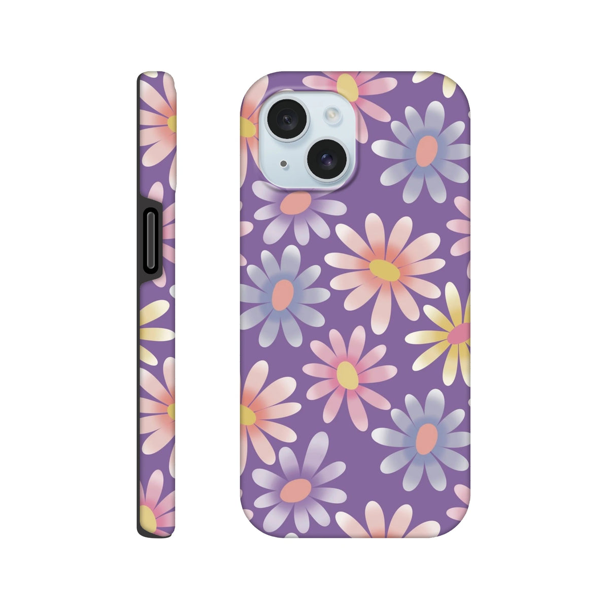 Purple retro floral iPhone case featuring a pastel daisy pattern. Shock-absorbing TPU cover compatible with iPhone 13-16 models.