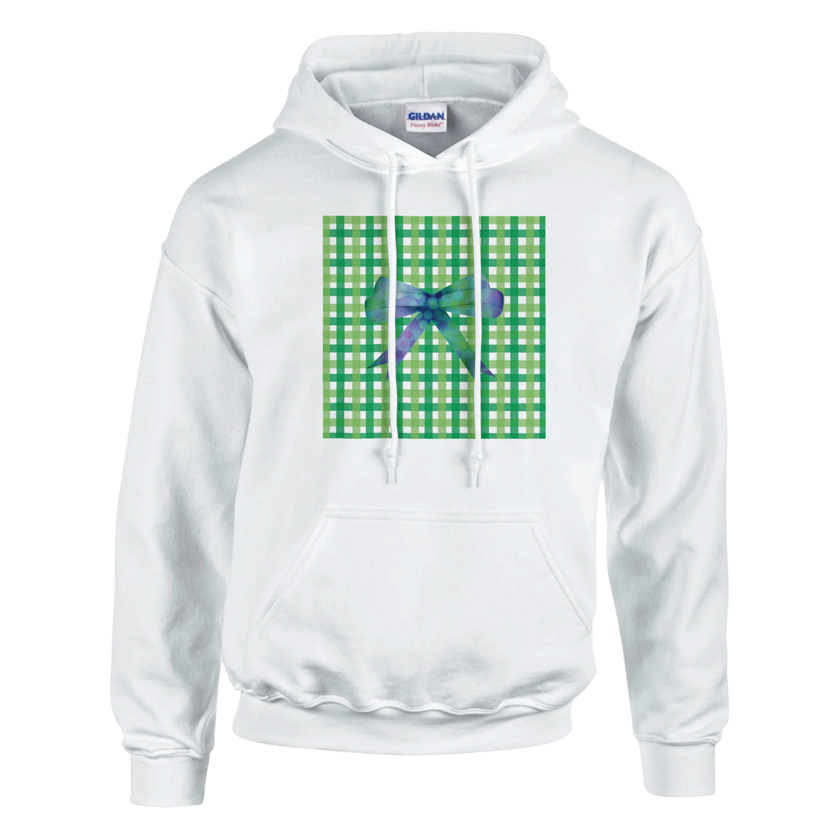 White hoodie featuring a green gingham square design with a purple bow, offering a retro cottagecore aesthetic for women.