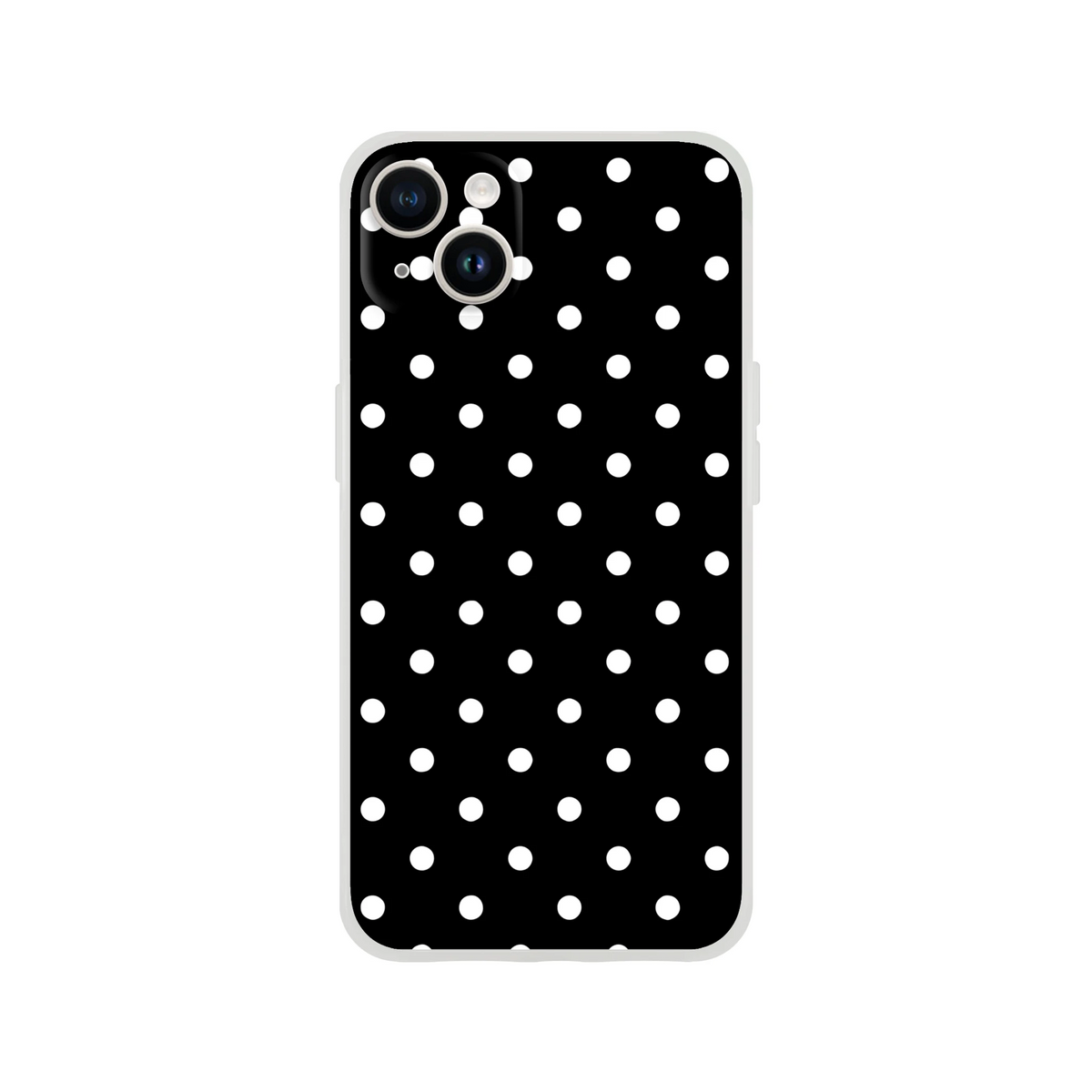 Retro black & white polka dot iPhone case with slim matte TPU shell, impact absorption, and wireless charging compatibility for models 13-16.