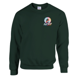 Dark green crewneck sweatshirt featuring a colorful Urban Palm Trees Full Send graphic logo on the left chest.