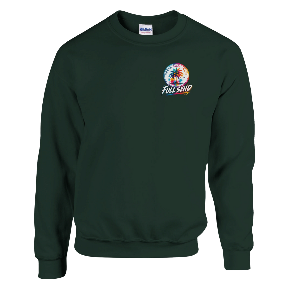 Dark green crewneck sweatshirt featuring a colorful Urban Palm Trees Full Send graphic logo on the left chest.