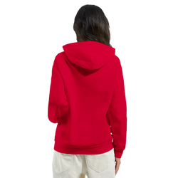 Back view of a vibrant red retro scooter hoodie for women, featuring a vintage mod style graphic pullover design and relaxed fit.