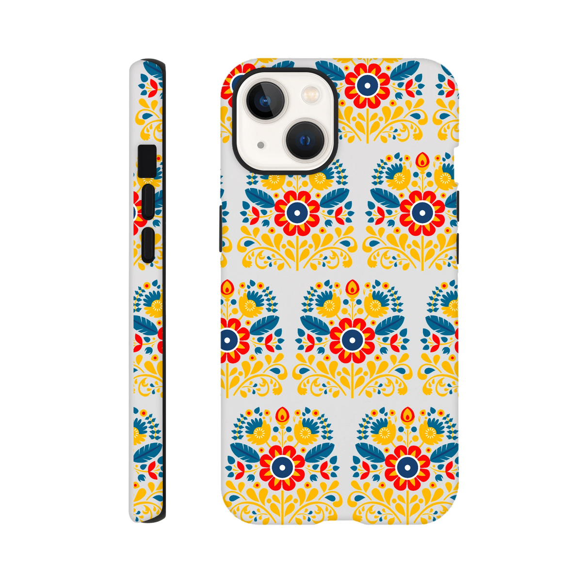 Floral wraparound print case for iPhone 16/15/14/13 with double-layer protection and glossy finish.