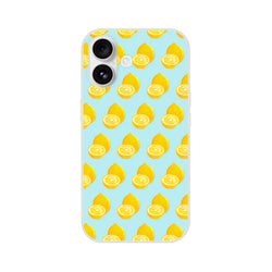 Pastel blue iPhone case featuring a bright yellow pattern of whole and sliced lemons for summer style.