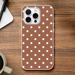 Retro brown and white polka dot iPhone case with matte finish and shock-absorbing TPU protection for models 13-16.