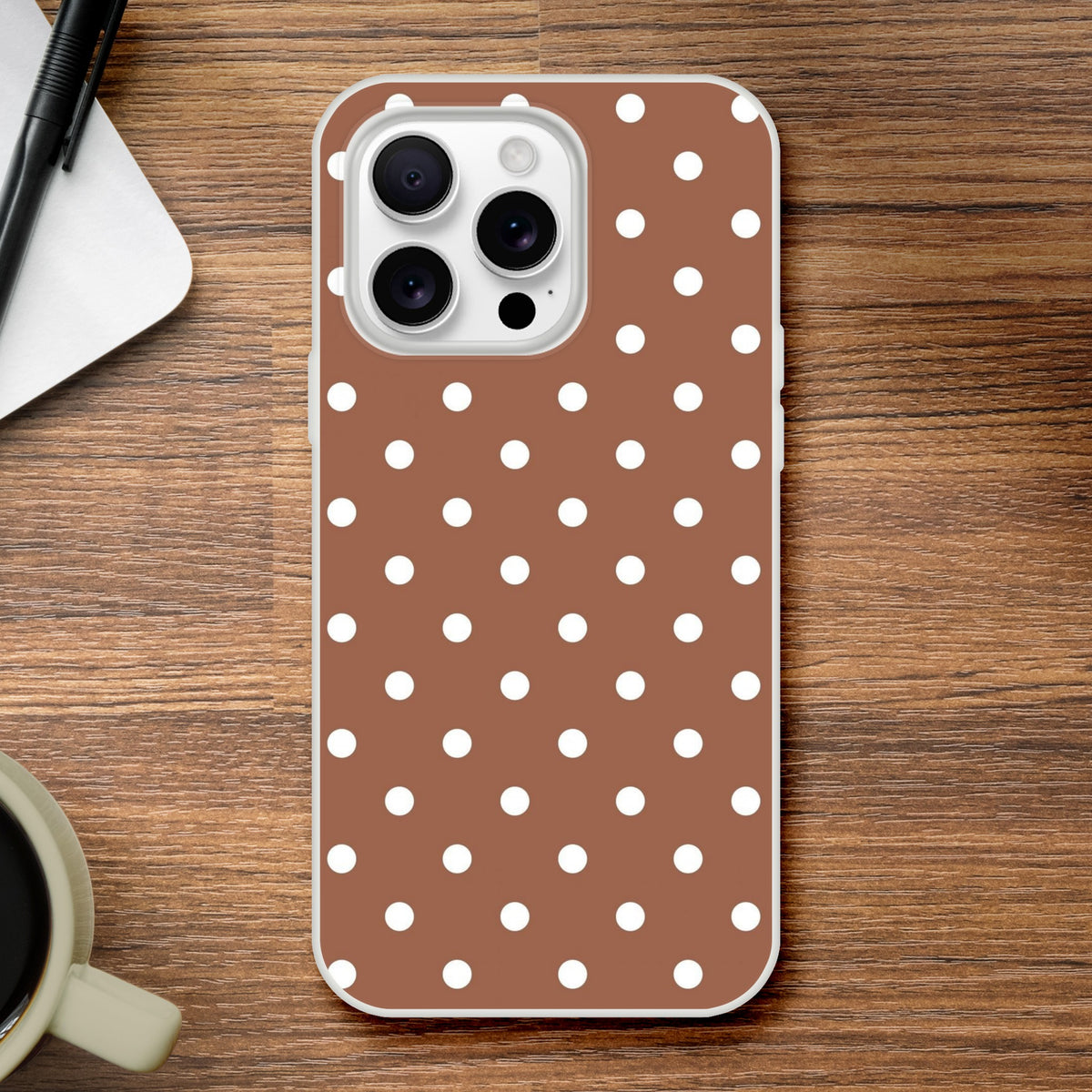 Retro brown and white polka dot iPhone case with matte finish and shock-absorbing TPU protection for models 13-16.