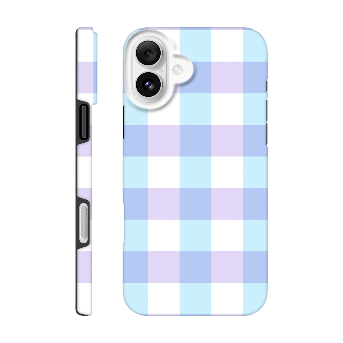 Pastel blue and lavender gingham tough iPhone case featuring a cute checkered pattern with shock-absorbing protection for daily carry.