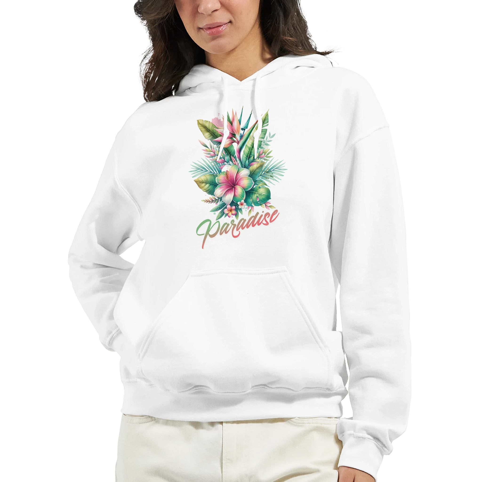 Women's Y2K Paradise Hoodie with tropical palm trees floral design on white pullover.