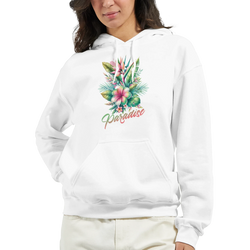 Women's Y2K Paradise Hoodie with tropical palm trees floral design on white pullover.