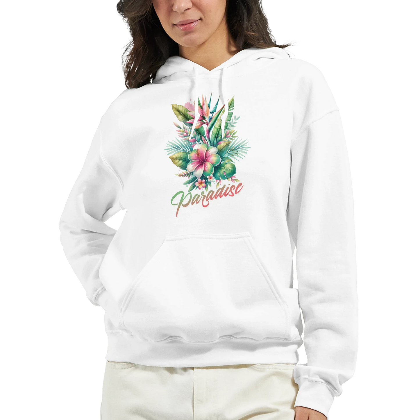 Women's Y2K Paradise Hoodie with tropical palm trees floral design on white pullover.