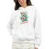 Women's Y2K Paradise Hoodie with tropical palm trees floral design on white pullover.