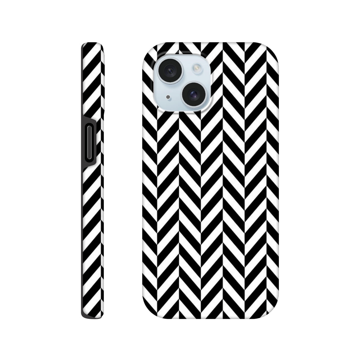 Black and white herringbone geometric iPhone case with tough dual-layer shock absorption and glossy wraparound print for daily device protection.